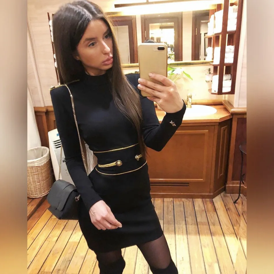 Женское облегающее платье DressBird Черное мини с длинным рукавом и О образным