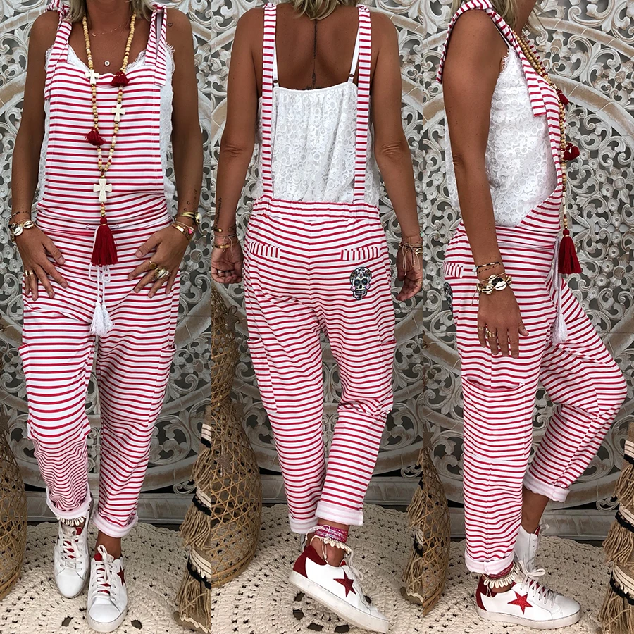 

2019 Hot Sale Fashion Casual Rompers Womens Pink Striped Embroidery Sleeveless Women Jumpsuit Women Overalls Casual Jumpsuit