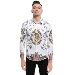 2018 Дракон напечатаны китайский Ретро Стиль Для мужчин рубашка с длинным рукавом Slim Fit Для мужчин s цветочные рубашки Повседневное мужские