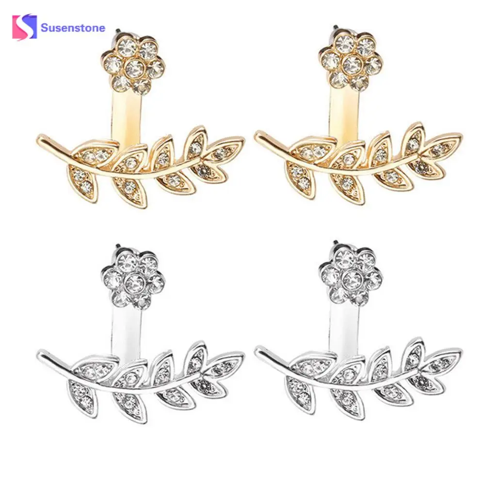 

Susenstone Plum Blossom Design Double Side Earring Flowers Leaves Crystal Ear Stud Earrings