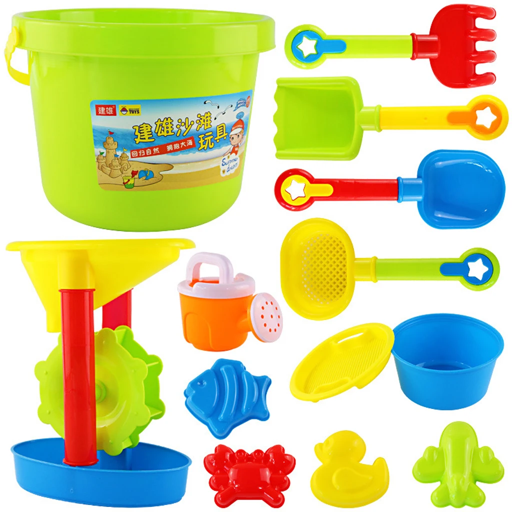 Детская игрушка для пляжа набор (12 шт./компл.) с большим ведром, водяное колесо, лопата, грабли, формы (случайный цвет)