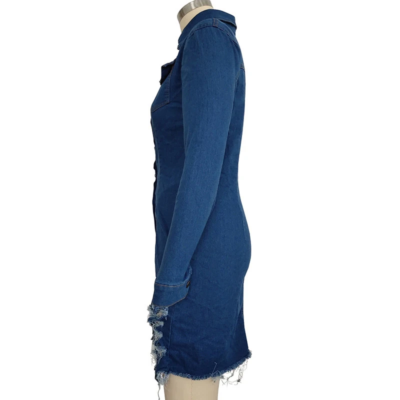 Spring Hole Washes Long Sleeve Sexy Denim Dress Single-breasted Ripped Cotton Dresses New Women Casual Bodycon Mini Dress 614