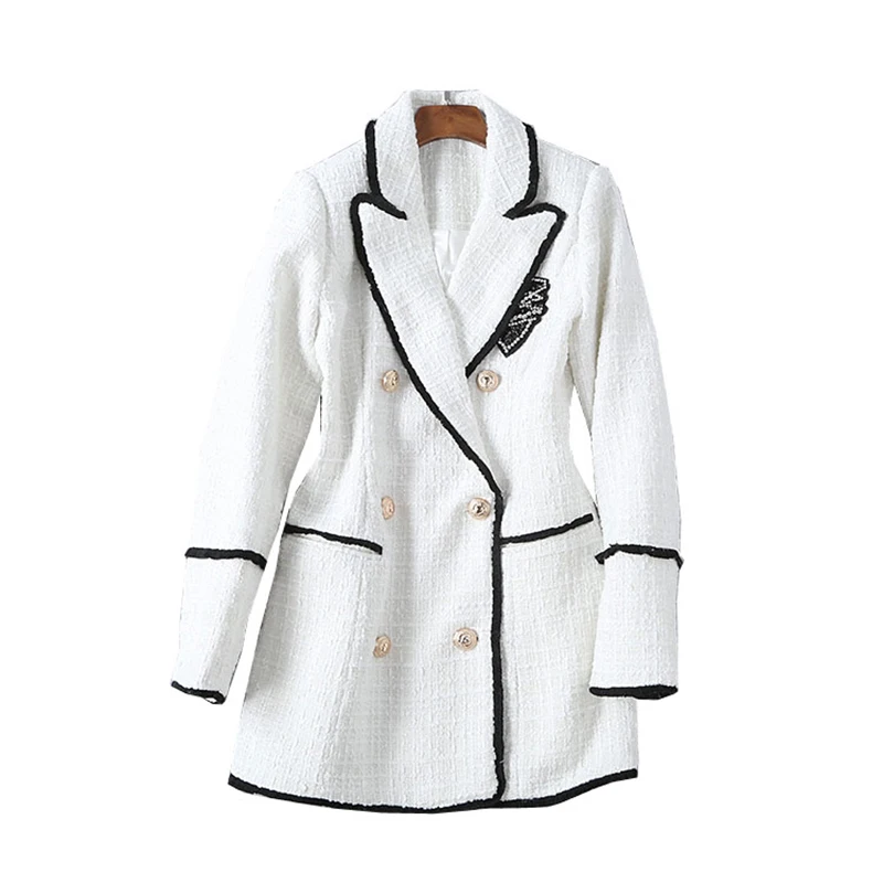 Plus Size XXXL Women High Street Long Jackets Runway Beading Double Breasted Solid Color White Slim Chic Blazers High Quality