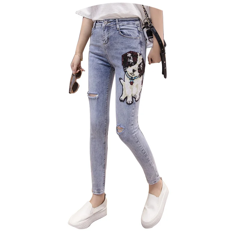 Рваные джинсы для Для женщин джинсовые узкие брюки собака блестки отверстие облегающие узкие брюки; A500