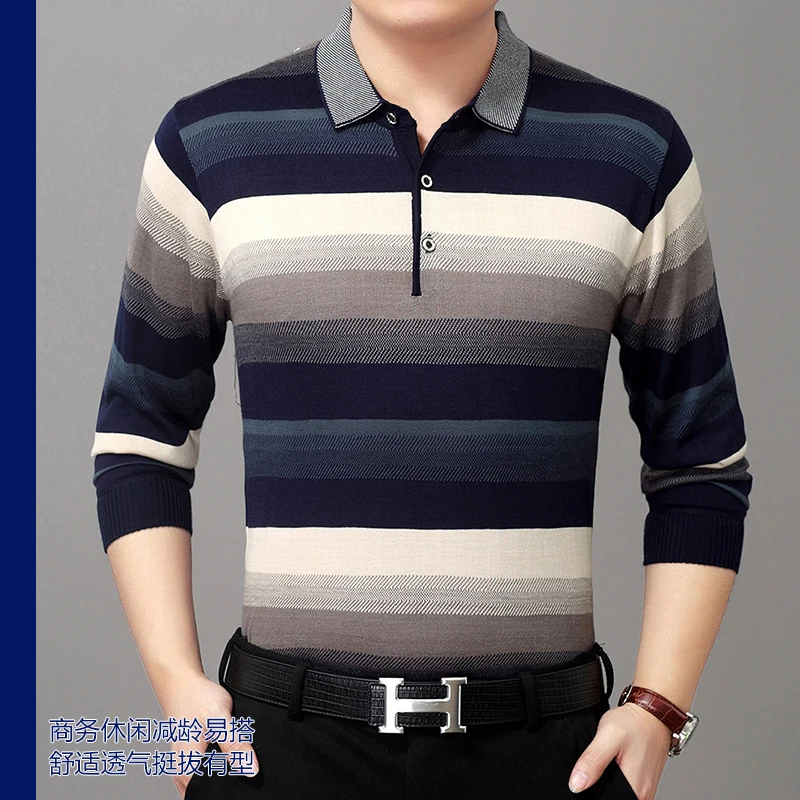 Business Casual Men Gradient Color Striped Polo Shirts Mature Man Long Sleeve Tops Turn Down Collar Polos Mens Blue Red Stripe Shirt Spring Wearing (2)