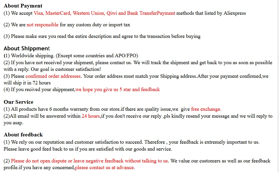paymentshippment,service,feedback