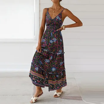 

2019 Fashion Womern Dress Fashion Women V-Neck Spaghetti Strap Floral Print Beach Style Skater Dress 30