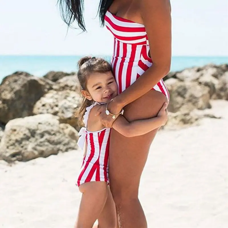 

Mother Daughter Matching Summer One-Piece Bikini Color Block Red Vertical Stripes Printed Monokini Off Shoulder Backless Bowknot
