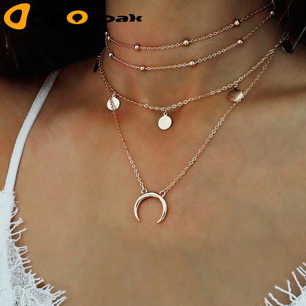 

2019 Gold Chain Multi layer Moon Choker Necklace For Women Beads Coin Chocker Pendant Necklaces Collares Mujer collier femme