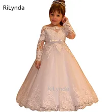 Flower платье для девочки подходит для свадьбы дня рождения цв. светло до розовый кружево аппликация длинный рукав бантик длина до пола пояс опционально