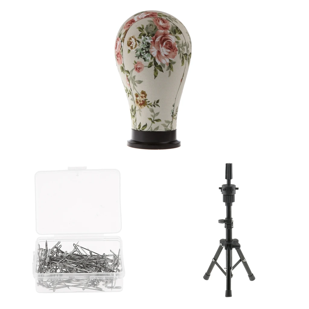 23'' Cork Canvas Block Head Wig Making Manikin Display Model with Heavy Duty Tripod Stand & 100pcs T Needles