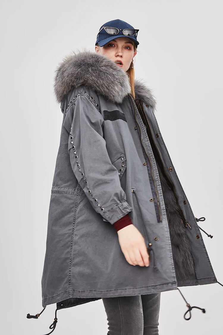 JAZZEVAR Новая женские куртки модная женская длинная армейская парка с натуральным мехом негабаритное пальто с капюшоном куртка с заклепкой свободная одежда