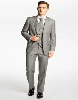 Skup 2018 Custom Made Szczyt Lapel Szary Groom Smokingi Slim Fit Groomsman Mężczyźni Jest Prom Garnitury ślubne Colote (kurtka + Spodnie + Kamizelka + Krawat)