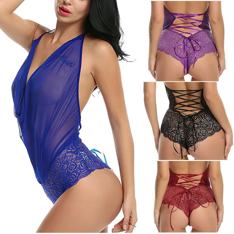 

Women Sexy Lingerie Lace Dress Underwear Bodysuits Black Thin Chiffon Babydoll Sleepwear G-string Bandage Teddies Coatumes S-XXL