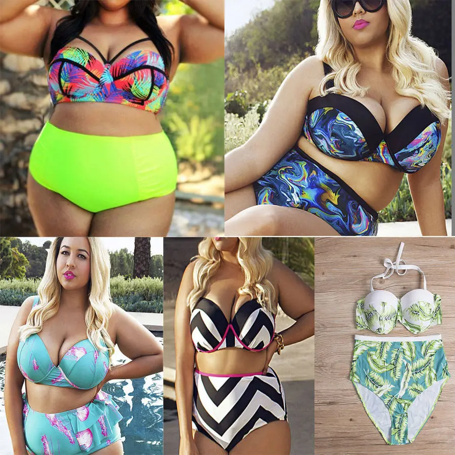 

2XL-5XL Plus Size Women Bikini Sets High Waist Padded Bra Swimwear Swimsuit Bathing Suit For Fat MM