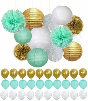 

1 set Mint White and Gold Tissue Paper Pom Poms Lanterns Tassel Garland Balloons Weddings Bridal Shower Nursery Party Decoration