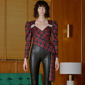 

2019 New Summer Women Fashion Plaid Tops Celebrity Evening Party Top Runway Deep V Red Plaid Ruffles Draped Club Top
