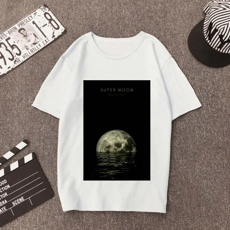 Новинка, летняя женская футболка с принтом Луны, тонкая футболка, Топы, женская одежда Harajuku, белая футболка, женская футболка с коротким рукавом