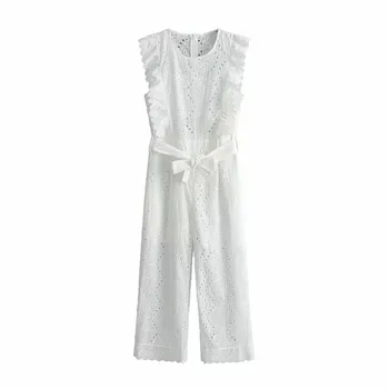 

BLSQR Cotton ruffled embroidery women white jumpsuit Elegant hollow out sashes long jumpsuit romper Casual ladies overalls