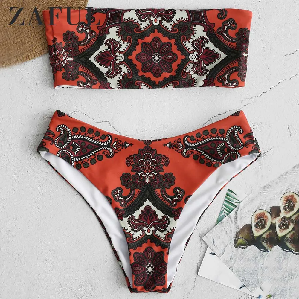  ZAFUL Retro Print Strapless Bikini Set Wire Free Bandeau Bikini Women Swimsuit Summer Wire Free Swi