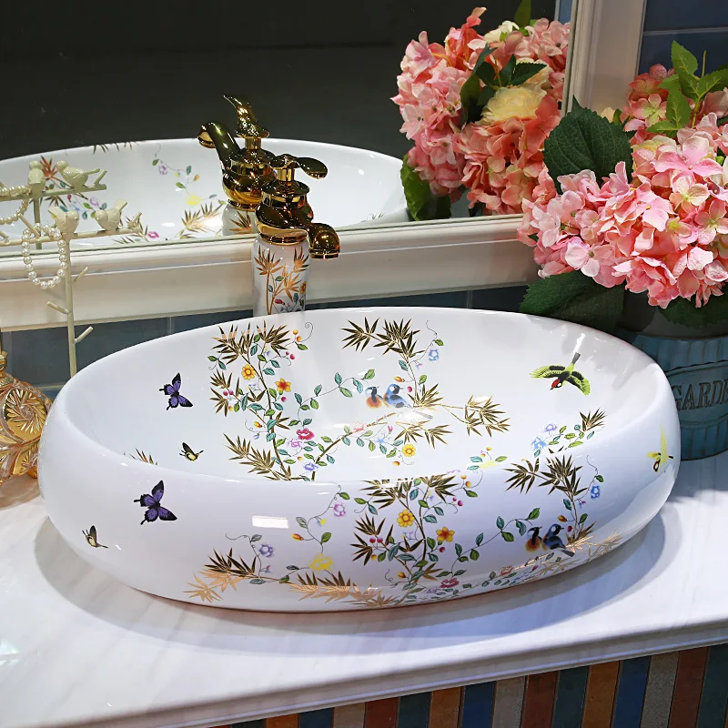 Flower and bird Painting Art Ceramic wash basin Bathroom Sink counter top washbasin bowl countertop wash basin (2)