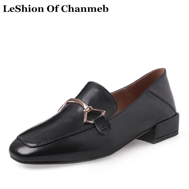 

popular golden metal chain loafers women slip ons square toe flats lady soft cow leather black beige spring summer casual shoes