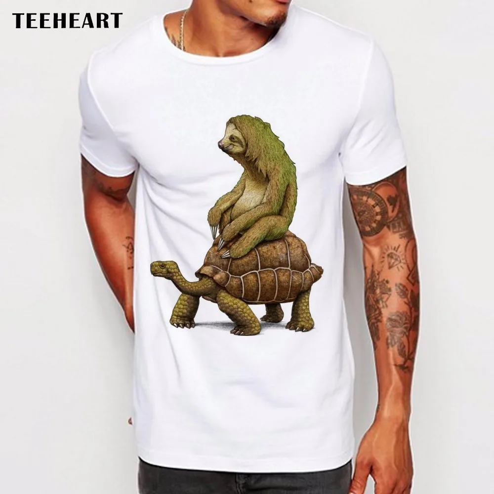 

Teeheart Men T Shirts Funny speed is relative sloth on tortoise Design Short Sleeve Casual Tops Hipster T-Shirt Cool Tee La756