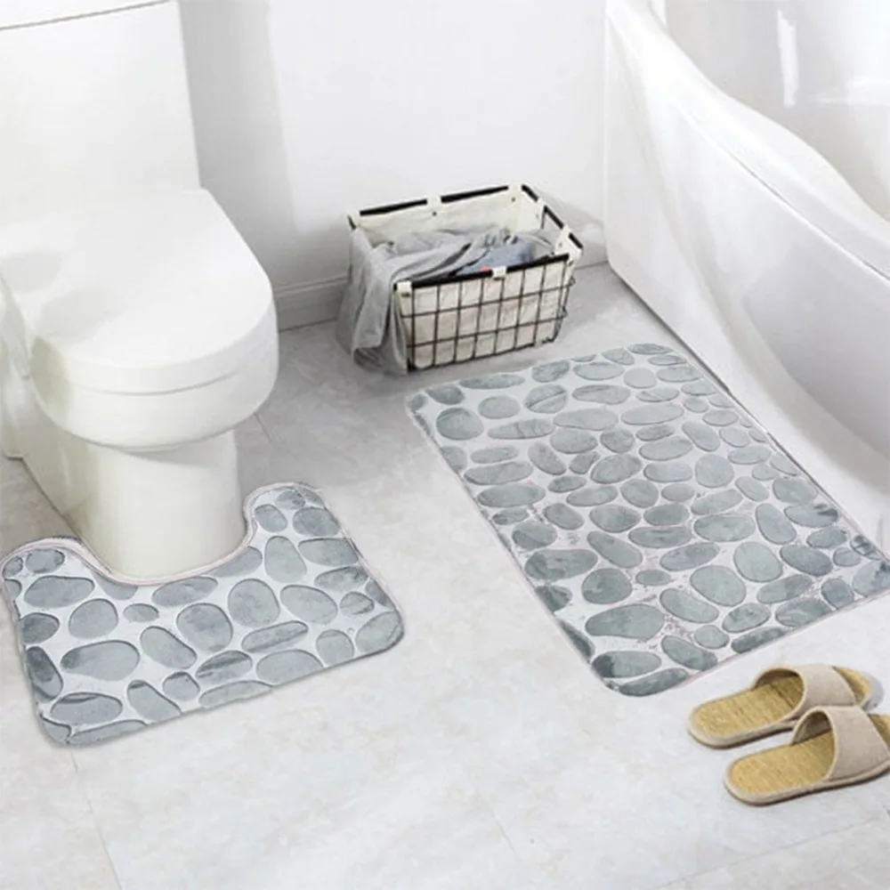 3D Cobblestone Toilet Floor Mat Set Bathroom Carpet Two-Piece HD Print Pad Large Size Door Floor Seat Mattress For Decor Gray