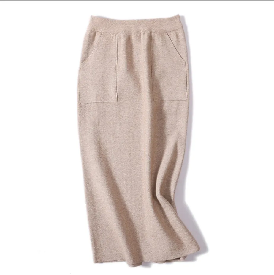 

vintage flexible stretch high waisted midi warm thickening knitted skirt for women beige black grey womens skirts saia saias