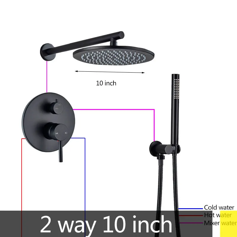 Черный латунный скрытый душевой набор, настенное крепление, душевая рукоятка, насадка для душа, распылитель, миксер, ручной распылитель для душа, Горячий Холодный Смеситель - Цвет: 2 way 10 inch
