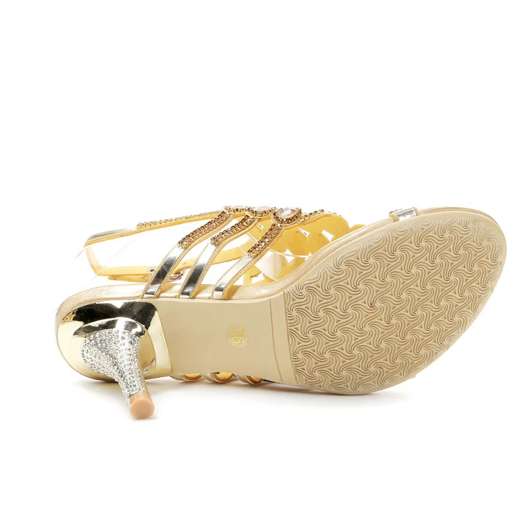 2016 Summer New Rhinestone Diamond Gold Dress Sandals For Wedding Womens High Heel Stiletto Shoes Size 1015