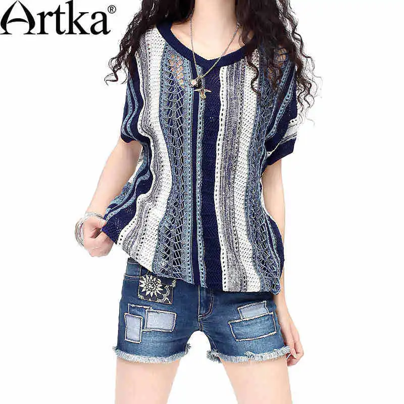 Artka-Women-s-Summer-All-match-Batwing-Sleeve-Silm-Cutting-Pullover-Perforated-Blue-Stripes-Two-sides