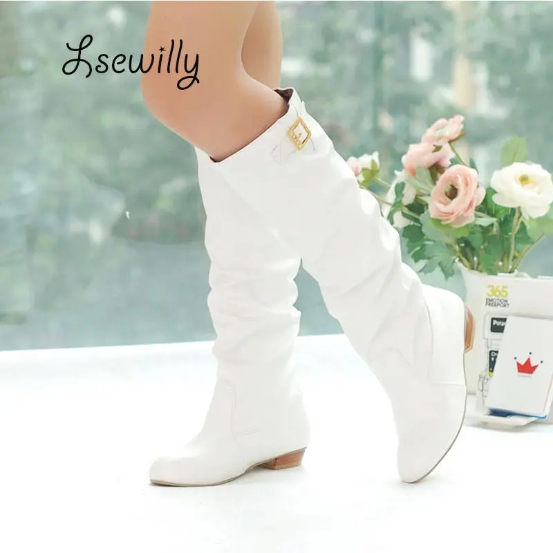 

Lsewilly 2017 Concise Women Boots Round Toe Metal Buckle Shoes Square Heel Low Heels Women Knee Boots long Women Shoes ty074