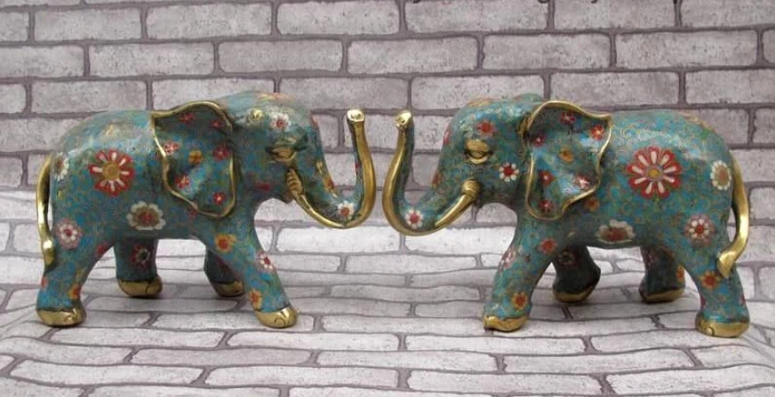 

Chinese Royal Feng Shui Pure Bronze Cloisonne Enamel Elephant statue Pair