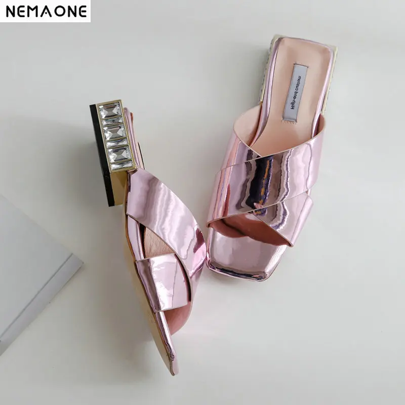 

NEMAONE Summer shoes woman crystal low square Heels slippers Genuine Leather Shoes Woman Sandals Open Toe Ladies shoes