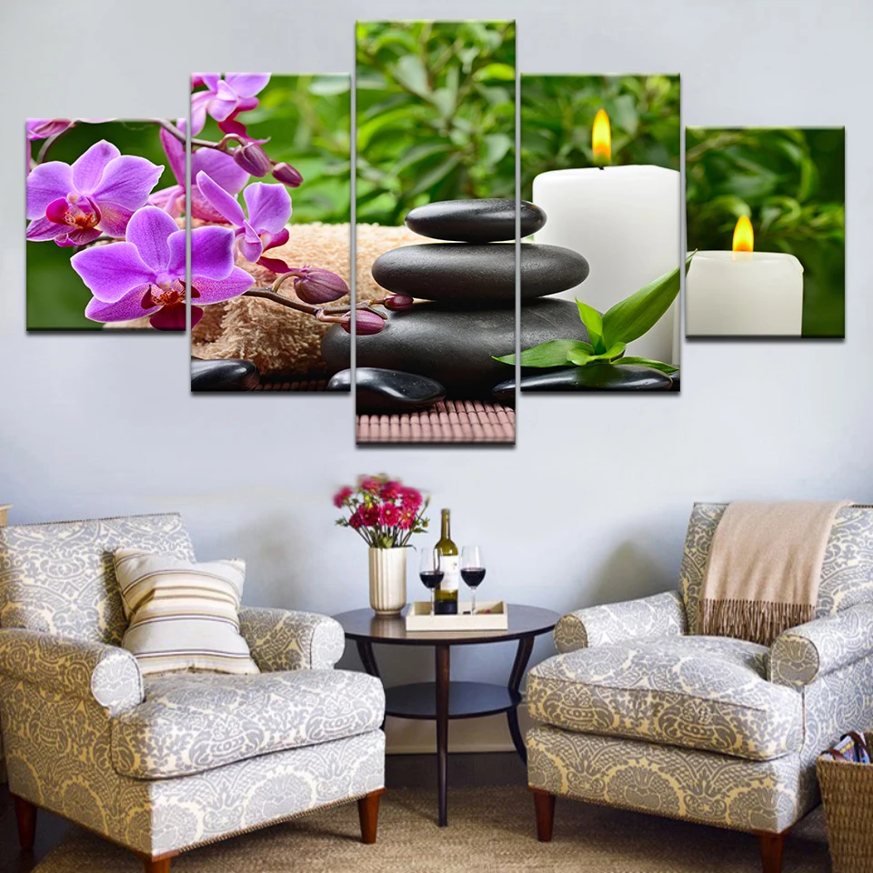 5pcs HD Canvas Canvas Chinese Flower Stone Zen Art Group Home Decor