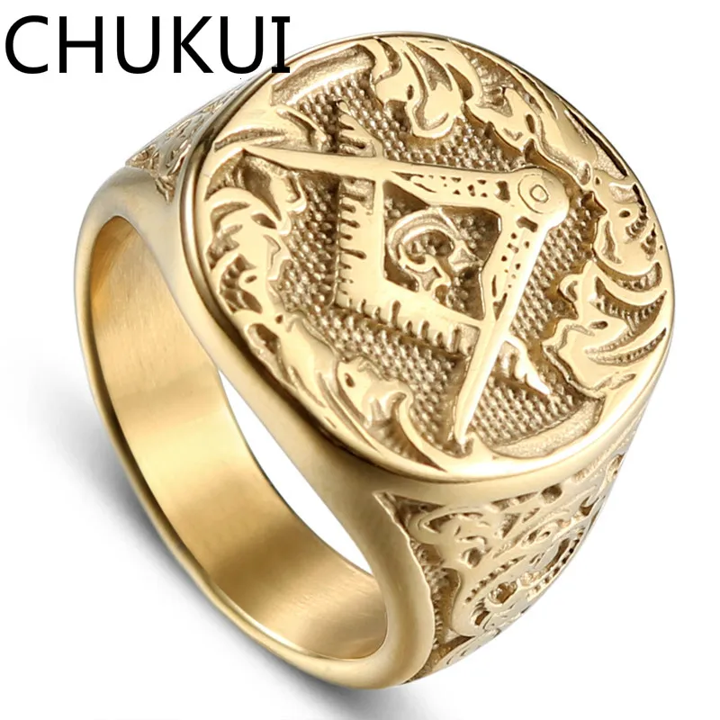 

CHUKUI Trendy Ring Jewellery Vintage Charm Mason Masonic Signet Rings Gold Color Titanium Stainless Steel Freemason Ring For Men