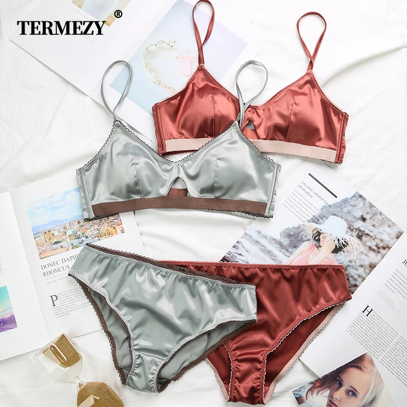 Buy TERMEZY New Women Underwear Wire Free satin bra thin 3 4 cups Bra and Panty Set Hollow Lingerie Women Brassiere Bralette