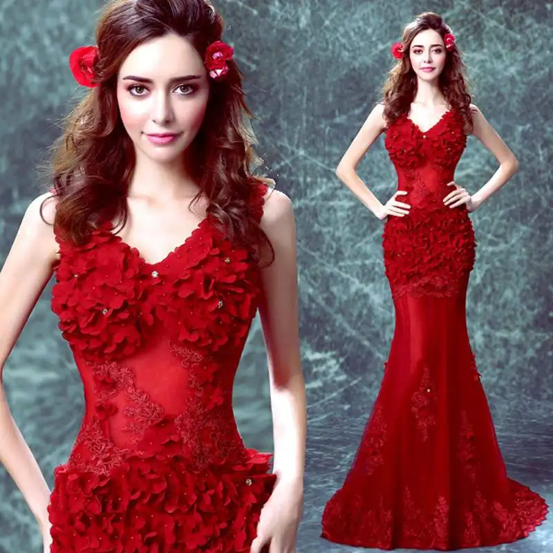 

Sexy Evening Dresses Wine Red /White Mermaid V-neck Flowers Appliques Pearls Elegant Bride Banquet Party Prom Dress For Women