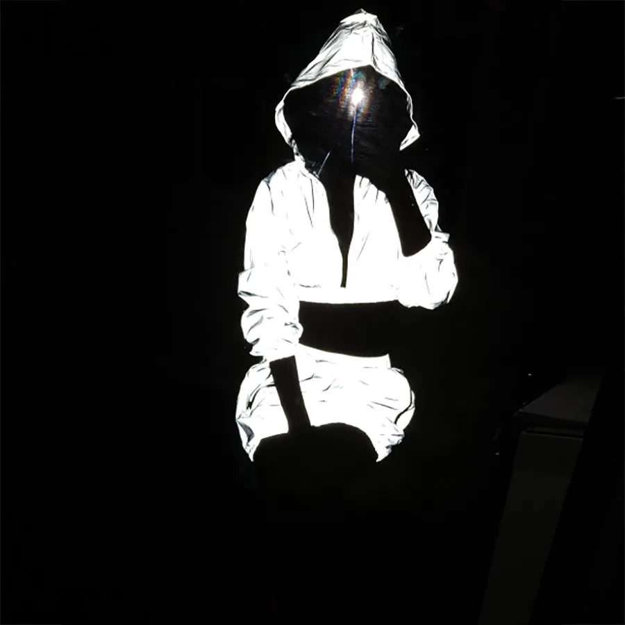 Kliou الأزياء عاكس سستة مقنعين النساء قطعتين مجموعات 2018 الخريف عاكسة هوديس قصيرة التنانير جيوب بسحلب الإناث مجموعات