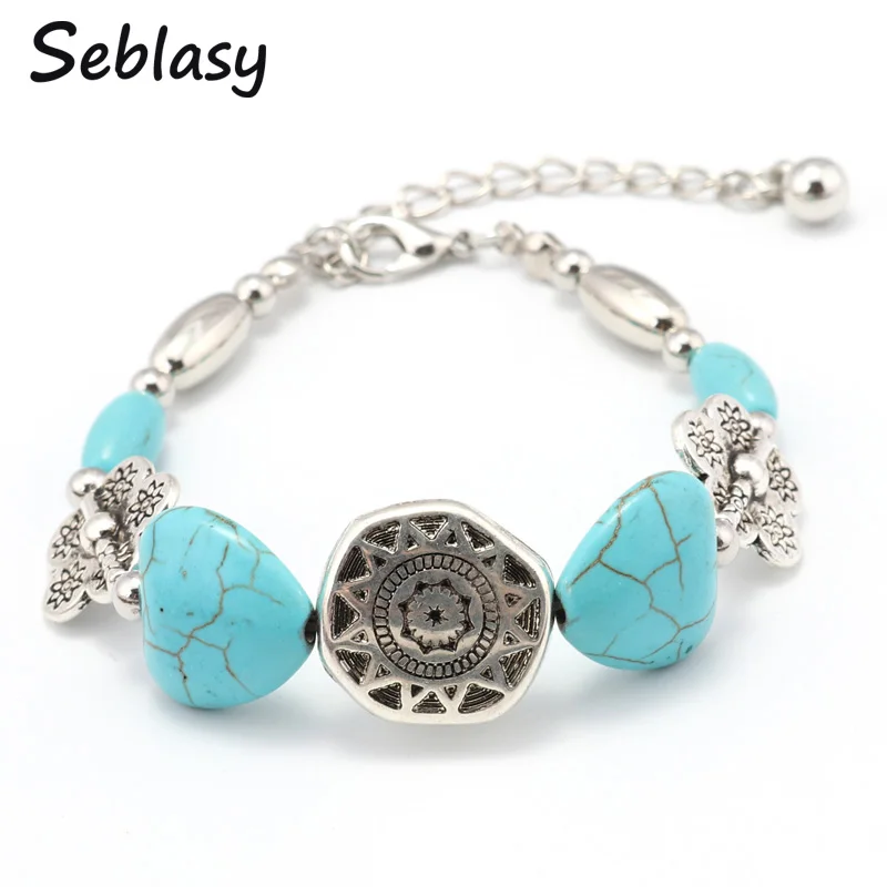 

Seblasy 2018 High Quality Vintage Bohemian Natural Stone Heart Flowers Sun Coin Bracelets & Bangles for Women Men Accessories