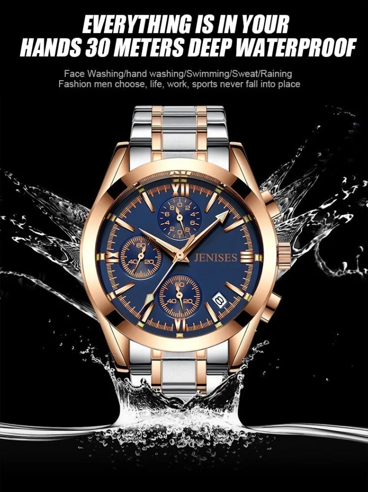 Jenises мужские часы Топ бренд класса люкс Хронограф Спортивные мужские s часы водонепроницаемые полностью Стальные кварцевые золотые часы мужские Relogio Masculino