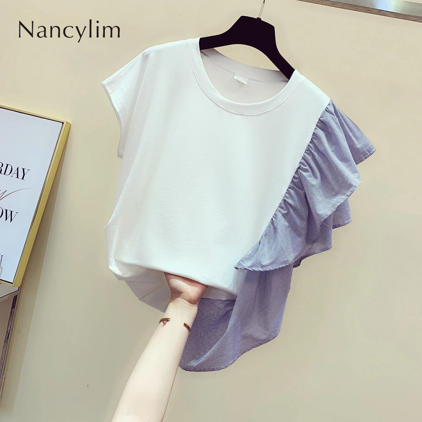 

Lotus Edge T-shirt Female 2019 Summer Suit New Korean Style Loose Stripes Splice Short-sleeved White T-shirt Top Women Tee Shirt