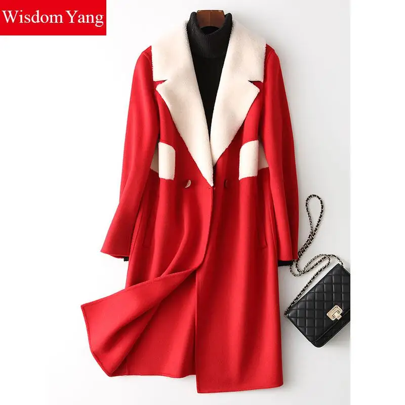 

Elegant Red Grey Womens Wool Coats Trench Woman Winter Warm Female Patchwork Slim Loose Woolen Overcoat Casual Coat Outerwear