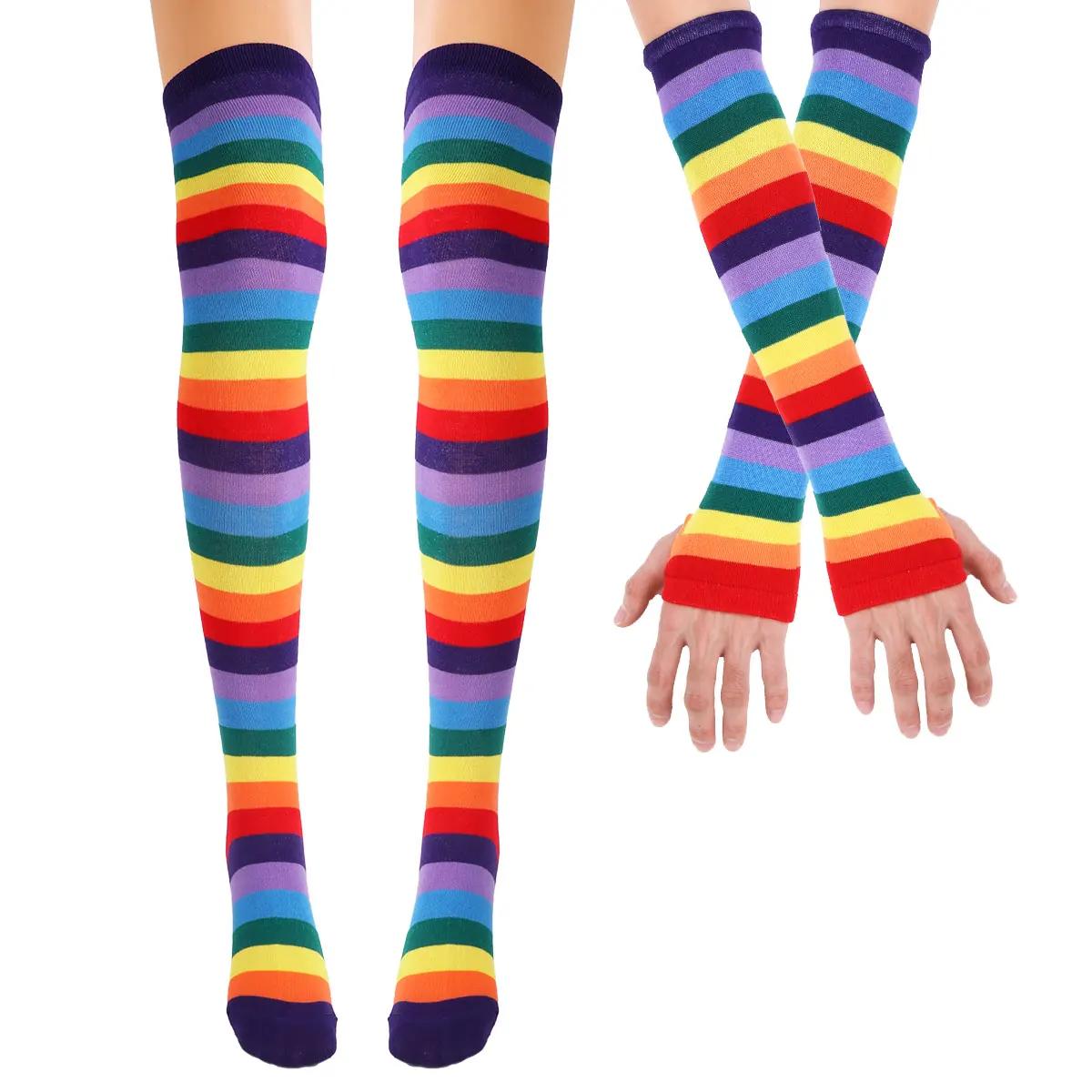 

Women Colorful Rainbow Striped Stockings Knee Thigh High Stocking Arm Warmer Gloves Halloween Costume Cosplay Party Performance