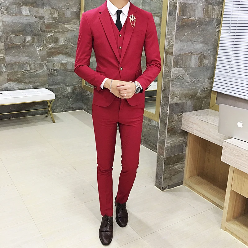 (7 colors) High Quality Men's Business Suit Pure Color Slim Suit Men Jacket + Pants + Vests 2019 New Fashion Mens Wedding Suits