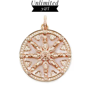 

Rose Gold Color Karma Wheel Disc Pendants Fit Necklace Thomas Style Mother of Peal Shell 925 Silver CZ Fashion DIY Jewelry Women