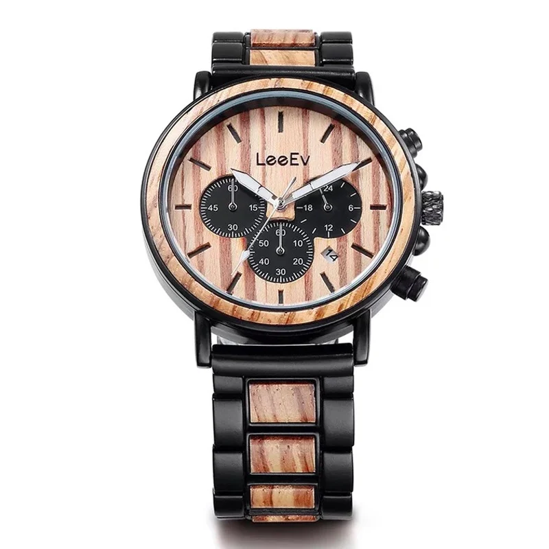 

Wood Watch for Men Luxury Leather Strap Band Wood & Stainless Steel Chronograph Military Quartz Wrist Watches
