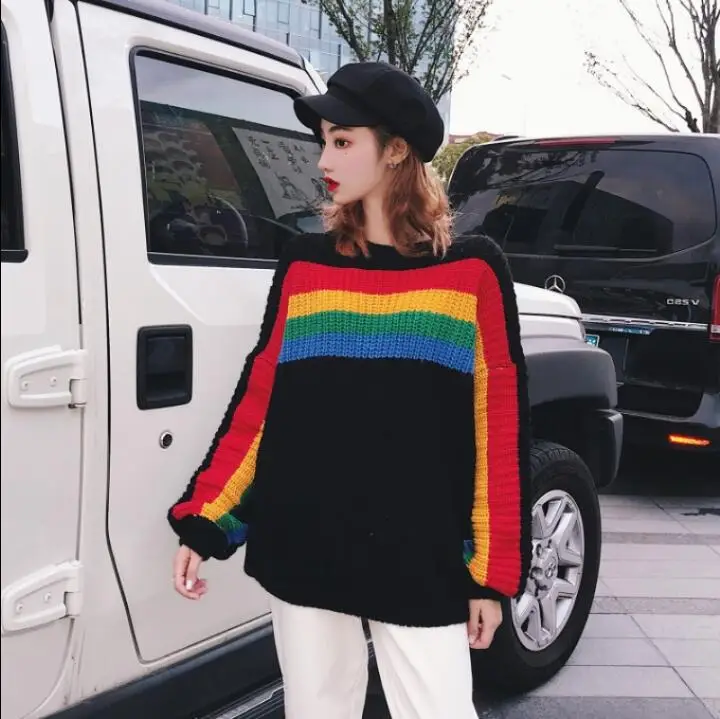 Женские свитера японский Kawaii Ulzzang Свободный Полосатый цветной Радужный свитер женский корейский Harajuku одежда для женщин - Цвет: Черный