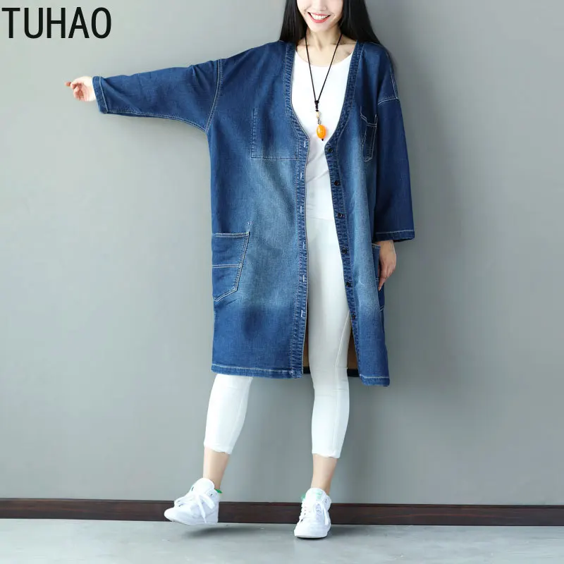 Женский джинсовый тренчкот TUHAO винтажный однобортный из джинсовой ткани